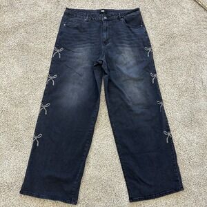 Madden NYC Women's 16 Black Wide-Leg Denim Jeans Pants Bow Accents Soft Grunge